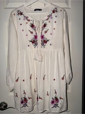 Boohoo Cream Embroidered Peasant Dress with Pink & Red Floral Detail